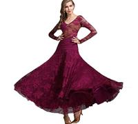 Abiti Da Ballo Da Sala Con Giunture in Pizzo Per Donna Costume Da Allenamento Per Valzer Moderno Abito Da Tango Latino Con Scollo A V Gonna Da Allenamento Per Balli Sociali A Maniche Lunghe,Viola,XXL