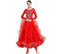 Abiti Da Ballo Da Sala Ricamati Per Le Donne Luccicanti Costumi Da Concorso Di Valzer Di Tango Abito Da Ballo Moderno A Maniche Lunghe Grande Vestiti Per Performance Di Salsa Oscillazione,Rosso,L