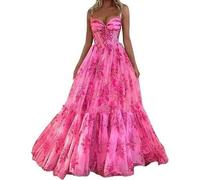 Abiti da ballo in chiffon senza maniche increspato stampa floreale abiti da ballo una linea increspata con abito da sera lungo fessura, Rosso rosato, M