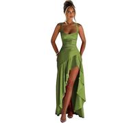 Abiti da ballo in raso Cinghie di spaghetti della sirena Una linea Abito di sfera Increspature Alto Basso Formale Abiti da sera, Verde oliva, 4XL