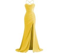 Abiti da ballo in raso con collo ad anello spalline spalline in rilievo abito da damigella d'onore sirena pieghettato con fessura abiti da sera, Giallo, 5XL plus