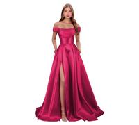 Abiti da ballo in raso con fessura senza spalline Una linea corsetto abiti da ballo off spalla lunga formale abiti da sera con tasche, Rosa acceso, 38