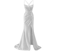 Abiti da ballo in raso con spalline sottili con abito formale a sirena in pizzo Una linea lunga spacco abito da cocktail party, Argento, 50