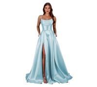 Abiti da ballo in raso con spalline sottili con fessura una linea corsetto abiti da ballo lunghi abiti da sera formali con tasche, blu cielo, 52 Più