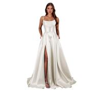 Abiti da ballo in raso con spalline sottili con fessura una linea corsetto abiti da ballo lunghi abiti da sera formali con tasche, avorio, 62 Più
