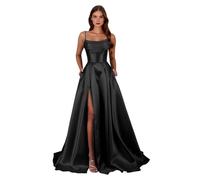 Abiti da ballo in raso con spalline sottili con fessura una linea corsetto abiti da ballo lunghi abiti da sera formali con tasche, Nero , 60 Più