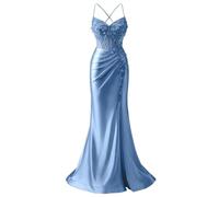 Abiti da ballo in raso da donna abiti da sera formali a sirena con spacco abiti da cerimonia taglie forti, Blu polvere., 50