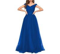 Abiti da ballo in tulle per le donne lunghi 2023 abito da sera formale increspato con spalle scoperte una linea, Blu reale, 46