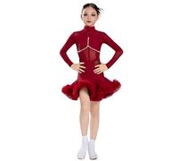 Abiti da Ballo Latino a Maniche Lunghe per Bambine, Abito da Ballo da Sala con Collo Alto per Bambini, Abito da Competizione per Salsa, Rumba, cha cha, Samba e Tango,Burgundy,120