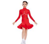 Abiti da Ballo Latino a Maniche Lunghe per Bambine, Abito da Ballo da Sala con Collo Alto per Bambini, Abito da Competizione per Salsa, Rumba, cha cha, Samba e Tango,Rosso,120