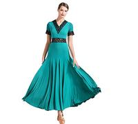 Abiti da Ballo Professionali con Scollo A V Abbigliamento da Ballo per Prestazioni Pizzo Manica Corta Waltz Tango Costume da Addestramento di Danza Sociale Moderna Vuoto Ed Elegante,Verde,XL