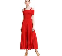 Abiti da Ballo Standard Nazionali Donne con Manica Corta Valzer Tango Vestiti da Ballo Standard Foxtrot Body Traspirante Performance Vestito,Rosso,S
