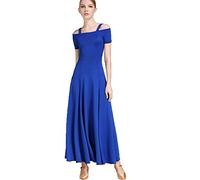 Abiti da Ballo Standard Nazionali Donne con Manica Corta Valzer Tango Vestiti da Ballo Standard Foxtrot Body Traspirante Performance Vestito,Blu,L