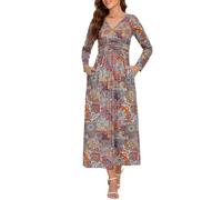 Abiti da Cerimonia Donna Lunghi Eleganti Vestito Stampa Floreale Maxi Abito Scollo a V Vestito Maniche Lunghe con Tasche Vestiti da Cocktail Casual Sera Autunno e Primavera Multicolore XXL