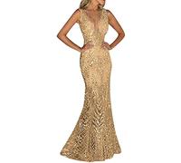 Abiti da cocktail da donna da sera da donna abito da sera dorato abito da ballo con paillettes brillanti da donna lunghi senza maniche abiti formali abiti da cocktail in raso per le donne, Oro, S