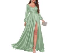 Abiti da damigella da donna a maniche lunghe con spacco, in raso pieghettato, abito formale da sera per ballo di fine anno e festa, Verde salvia, 50 Più