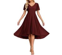 Abiti da damigella d'onore a maniche corte per matrimonio in chiffon alto basso formale sera partito maxi abito lunghezza AH156, Borgogna, 44