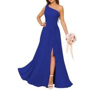 Abiti da damigella d'onore da donna monospalla per matrimonio in chiffon increspato sirena abiti da festa formale con fessura, Blu reale, 46