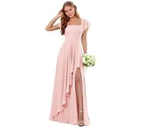 Abiti da damigella d'onore in chiffon a maniche corte con scollo quadrato increspato lungo abito da sposa ospite una linea abito da sera formale, Rosa cipria, 50 Più