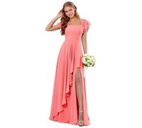 Abiti da damigella d'onore in chiffon a maniche corte con scollo quadrato increspato lungo abito da sposa ospite una linea abito da sera formale, Corallo, 38