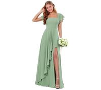 Abiti da damigella d'onore in chiffon a maniche corte con scollo quadrato increspato lungo abito da sposa ospite una linea abito da sera formale, Verde salvia, 58 Più