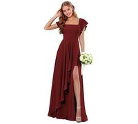Abiti da damigella d'onore in chiffon a maniche corte con scollo quadrato increspato lungo abito da sposa ospite una linea abito da sera formale, Borgogna, 46