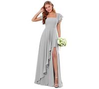 Abiti da damigella d'onore in chiffon a maniche corte con scollo quadrato increspato lungo abito da sposa ospite una linea abito da sera formale, Argento, 48