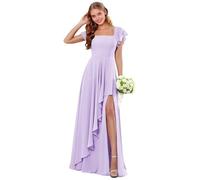 Abiti da damigella d'onore in chiffon a maniche corte con scollo quadrato increspato lungo abito da sposa ospite una linea abito da sera formale, Lilla, 38
