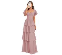 Abiti da damigella d'onore in chiffon a più livelli con volant lunghi Sweetheart maniche corte abito da sposa ospite una linea formale abiti da ballo da sera, Rosa polvere, 50 Più