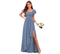 Abiti da damigella d'onore in chiffon con maniche svolazzanti per abito da sposa con scollo quadrato A-Line lungo abito da sera formale con fessura, Blu polvere., 62 Più