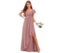 Abiti da damigella d'onore in chiffon con maniche svolazzanti per abito da sposa con scollo quadrato A-Line lungo abito da sera formale con fessura, Rosa polvere, 54 Più