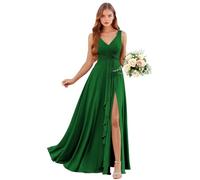 Abiti da damigella d'onore in chiffon con scollo a V con tasche lunghe una linea abito da sposa ospite increspature abito da sera formale con fessura, Verde smeraldo, 42