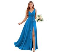 Abiti da damigella d'onore in chiffon con scollo a V con tasche lunghe una linea abito da sposa ospite increspature abito da sera formale con fessura, Blu, 50 Più