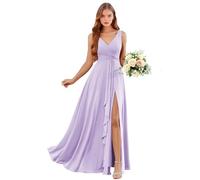 Abiti da damigella d'onore in chiffon con scollo a V con tasche lunghe una linea abito da sposa ospite increspature abito da sera formale con fessura, Lilla, 40