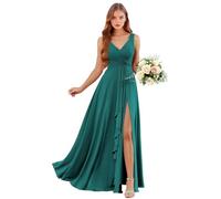 Abiti da damigella d'onore in chiffon con scollo a V con tasche lunghe una linea abito da sposa ospite increspature abito da sera formale con fessura, Foglia di t, 54 Più