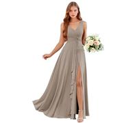 Abiti da damigella d'onore in chiffon con scollo a V con tasche lunghe una linea abito da sposa ospite increspature abito da sera formale con fessura, Tortora, 52 Più