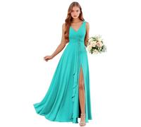 Abiti da damigella d'onore in chiffon con scollo a V con tasche lunghe una linea abito da sposa ospite increspature abito da sera formale con fessura, Turchese, 38