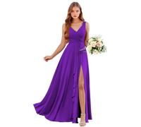 Abiti da damigella d'onore in chiffon con scollo a V con tasche lunghe una linea abito da sposa ospite increspature abito da sera formale con fessura, Viola, 50 Più