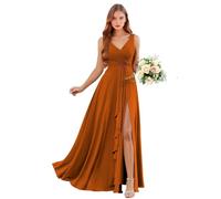 Abiti da damigella d'onore in chiffon con scollo a V con tasche lunghe una linea abito da sposa ospite increspature abito da sera formale con fessura, Arancione bruciato, 62 Più