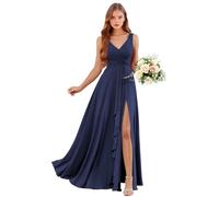 Abiti da damigella d'onore in chiffon con scollo a V con tasche lunghe una linea abito da sposa ospite increspature abito da sera formale con fessura, blu navy, 42