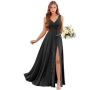 Abiti da damigella d'onore in chiffon con scollo a V con tasche lunghe una linea abito da sposa ospite increspature abito da sera formale con fessura, Nero , 52 Più