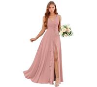 Abiti da damigella d'onore in chiffon con scollo a V con tasche lunghe una linea abito da sposa ospite increspature abito da sera formale con fessura, Rosa polvere, 58 Più