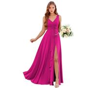 Abiti da damigella d'onore in chiffon con scollo a V con tasche lunghe una linea abito da sposa ospite increspature abito da sera formale con fessura, Rosa acceso, 40