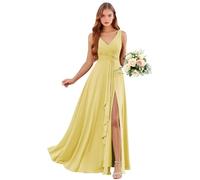 Abiti da damigella d'onore in chiffon con scollo a V con tasche lunghe una linea abito da sposa ospite increspature abito da sera formale con fessura, Giallo, 24 Più