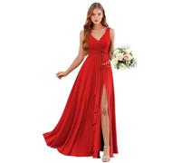 Abiti da damigella d'onore in chiffon con scollo a V con tasche lunghe una linea abito da sposa ospite increspature abito da sera formale con fessura, Rosso, 50 Più