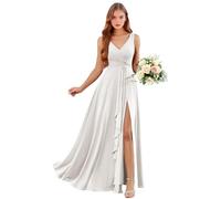 Abiti da damigella d'onore in chiffon con scollo a V con tasche lunghe una linea abito da sposa ospite increspature abito da sera formale con fessura, avorio, 54 Più