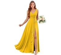 Abiti da damigella d'onore in chiffon con scollo a V con tasche lunghe una linea abito da sposa ospite increspature abito da sera formale con fessura, giallo senape., 38
