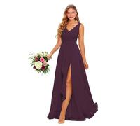 Abiti da damigella d'onore in chiffon con scollo a V con tasche lunghe volant senza maniche abito da sposa abito da sera formale con fessura, Uva, 50 Più