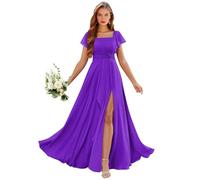 Abiti da damigella d'onore in chiffon con scollo quadrato con fessura manica corta increspatura abito da sposa lungo ospite una linea abito da sera formale, Viola, 42