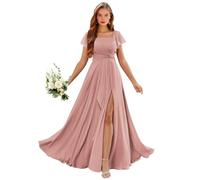 Abiti da damigella d'onore in chiffon con scollo quadrato con fessura manica corta increspatura abito da sposa lungo ospite una linea abito da sera formale, Rosa polvere, 40